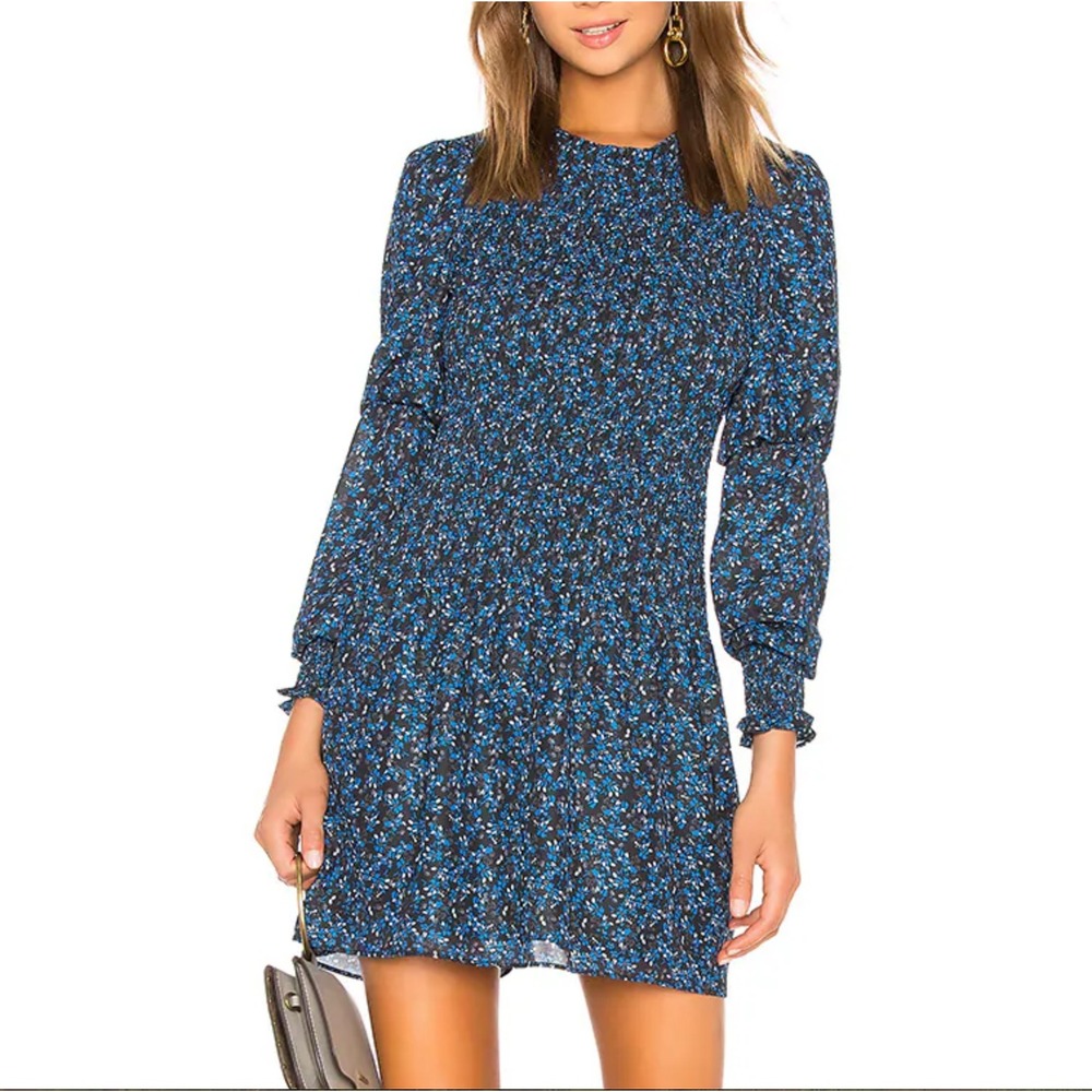 NEW Parker Lilly‎ Jasmine Blue Floral Smocked Long Sleeve Mini Dress Size M
